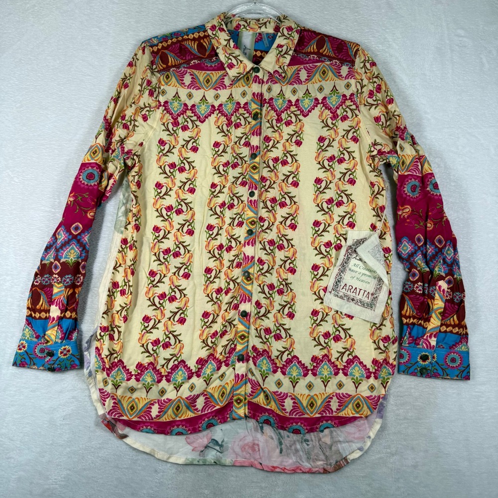 Aratta Silent Journey Peacock Paradise Shirt Cream Fuchsia Floral Mixed Print S